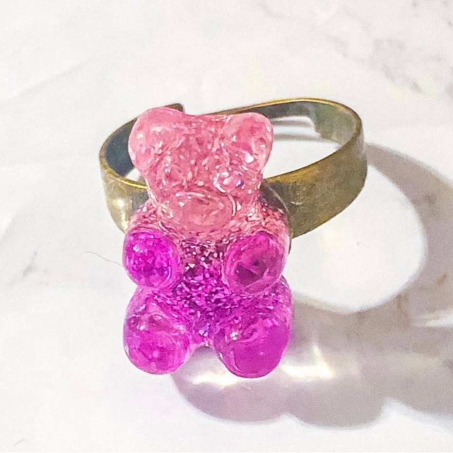Adjustable Pink Glitter Gummy Bear Ring